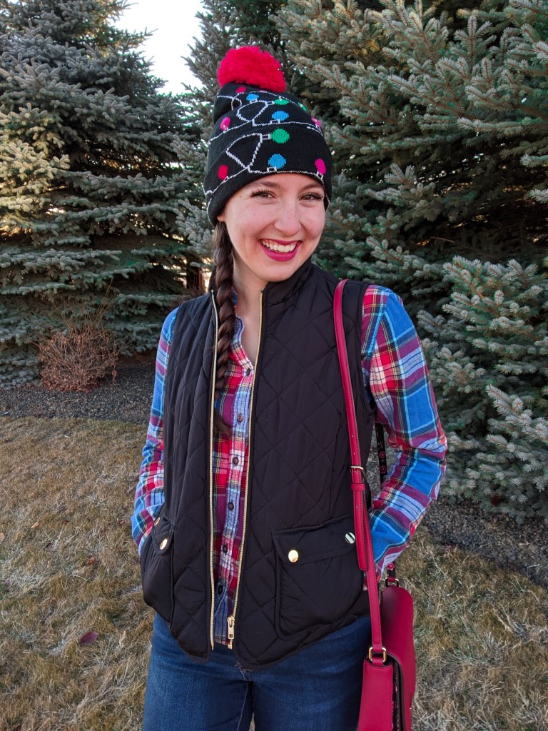 \"light-up-beanie-christmas-outfit-quilted-vest-plaid-flannel\"